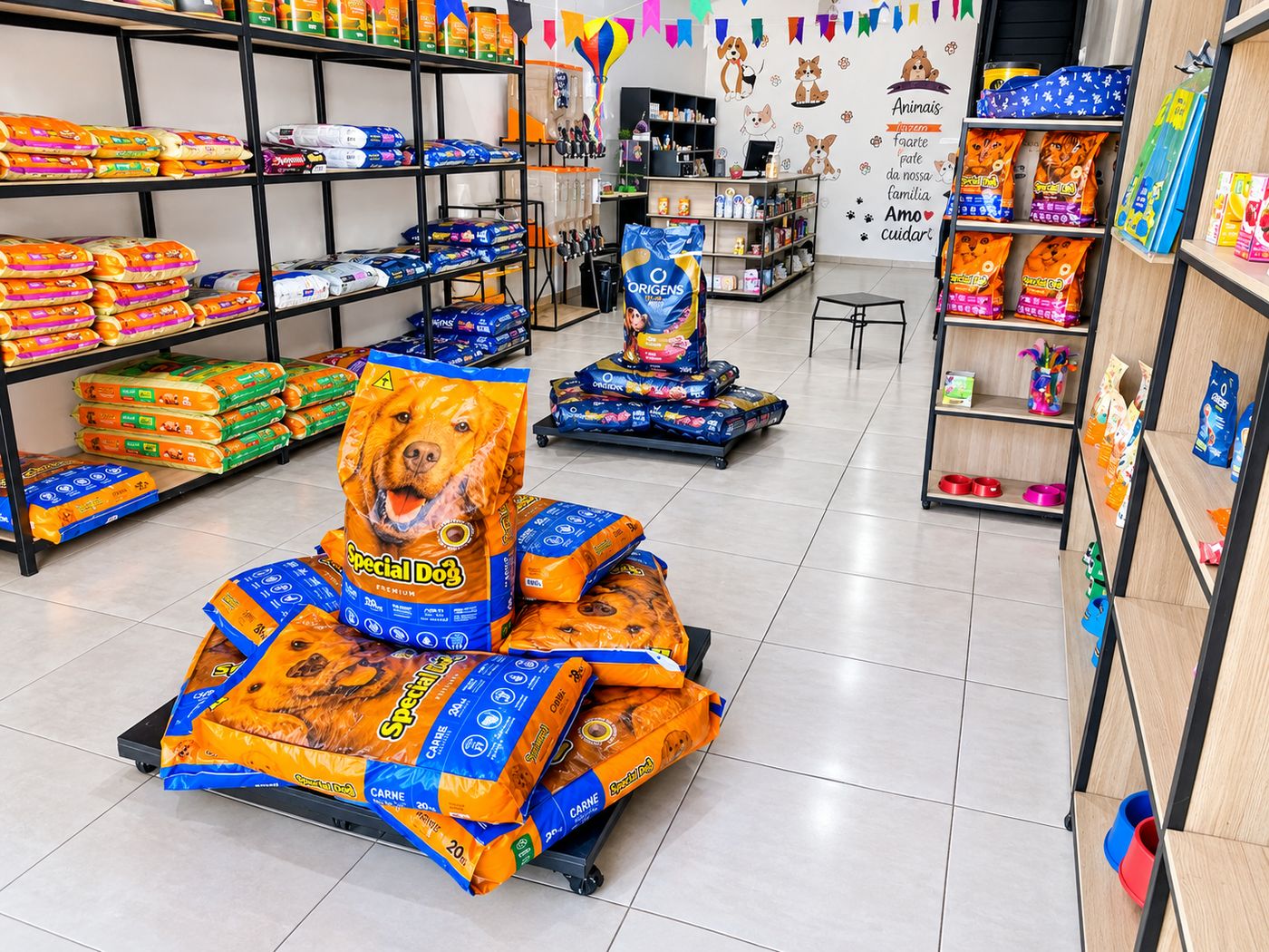 Interior da loja com prateleiras de rações e acessórios
